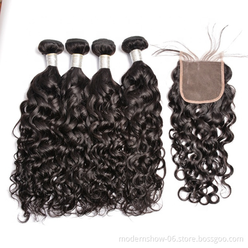 Brazilian Raw Virgin Cuticles Aligned Water Wave Human Hair Bundles with Closure 100% Unprocessed High Quality Human Hair